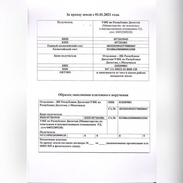 Реквизиты для оплаты за аренду помещений и земельных участков