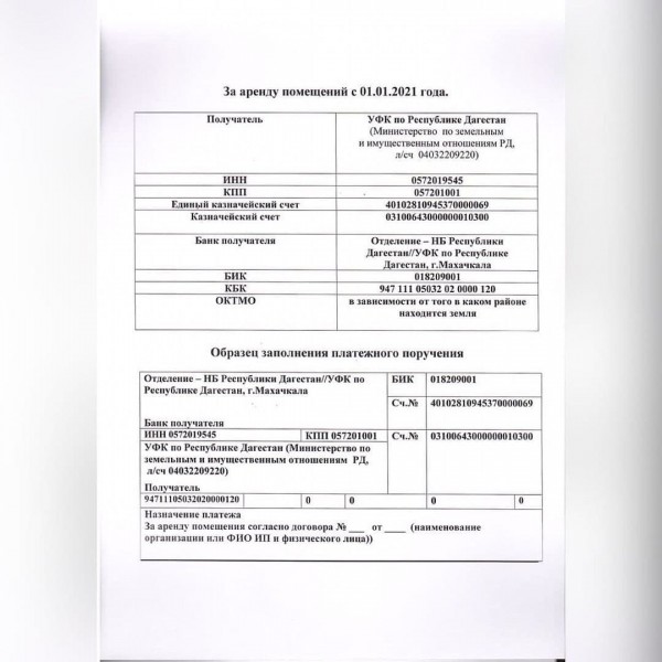 Реквизиты для оплаты за аренду помещений и земельных участков