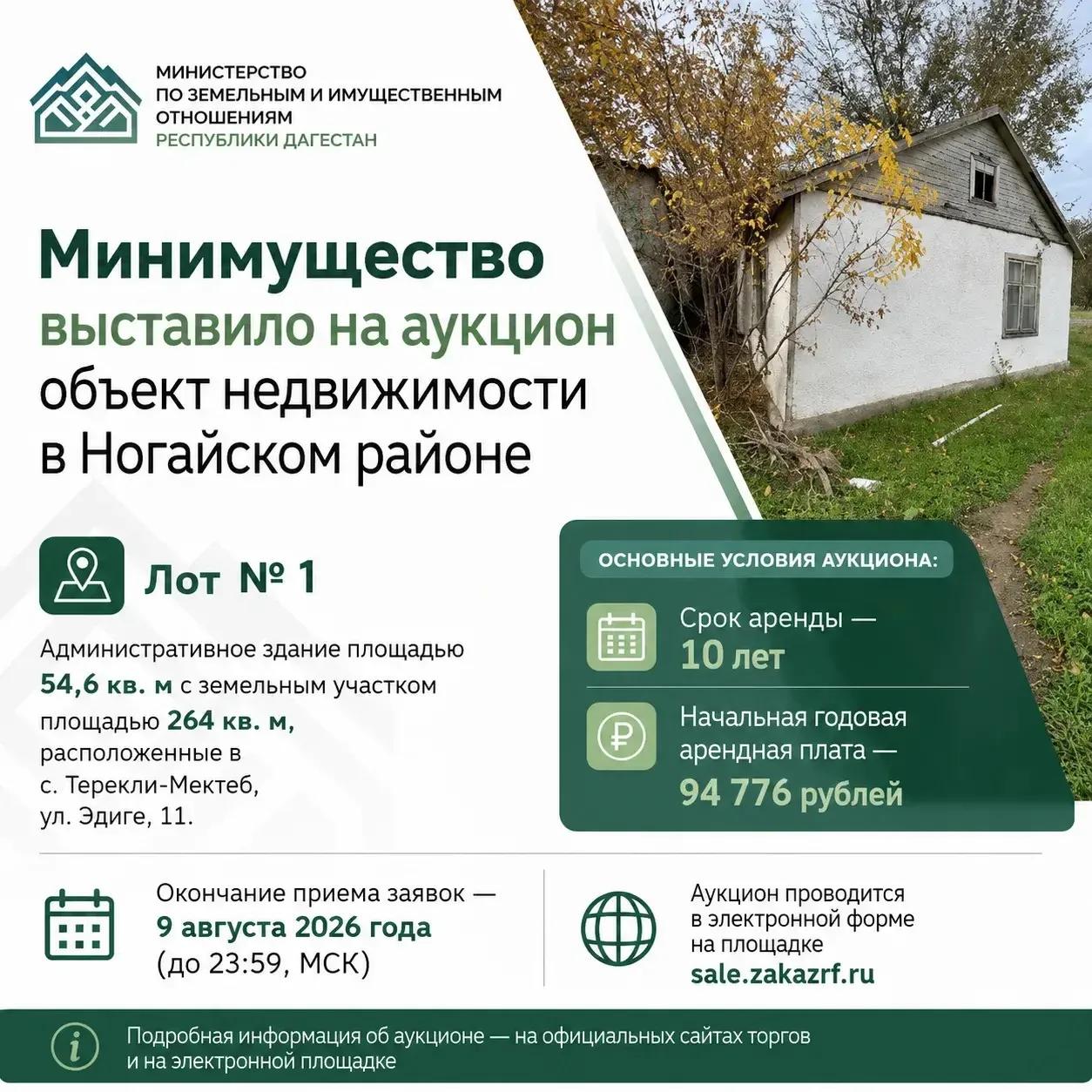Минимущество выставило на аукцион объект недвижимости в Ногайском районе
